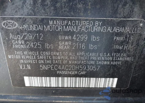 2013 Hyundai Sonata Se z USA, uszkodzony, nr VIN 5NPEC4AC2DH593057